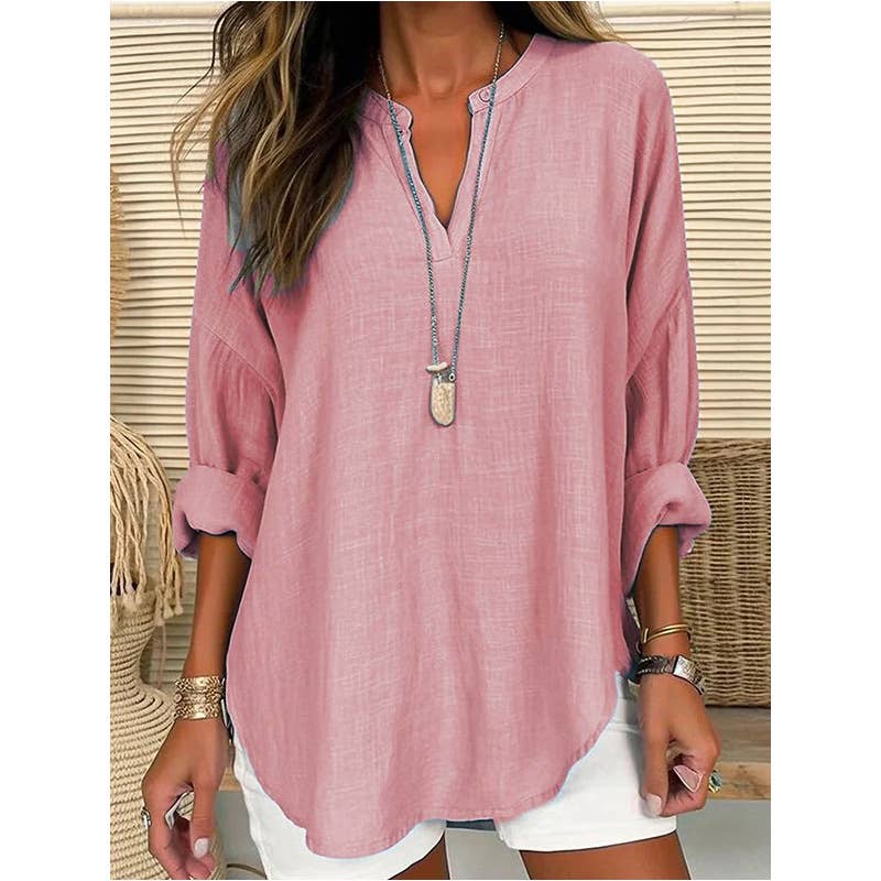 Linen Long Sleeve Casual V Neck Top