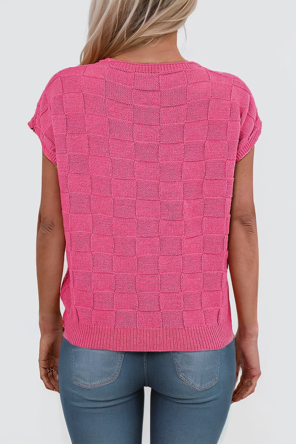 Pink Lattice Textured Knit Short Sleeve Sweater