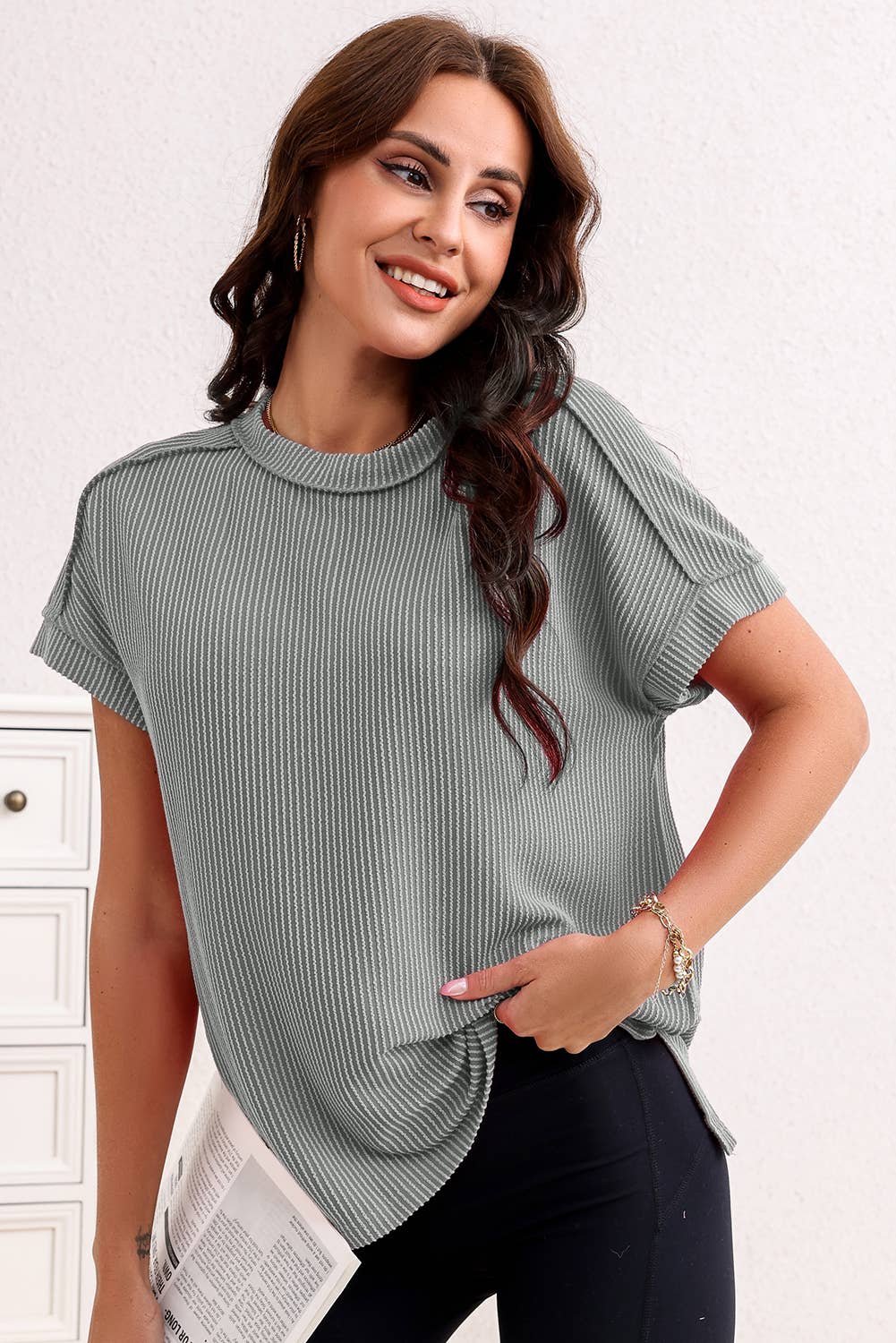 Textured Knit Exposed Stitching T-shirt