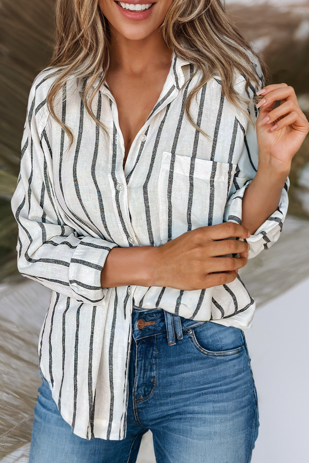 LDC Collared Neck Button Down Stripe Blouse