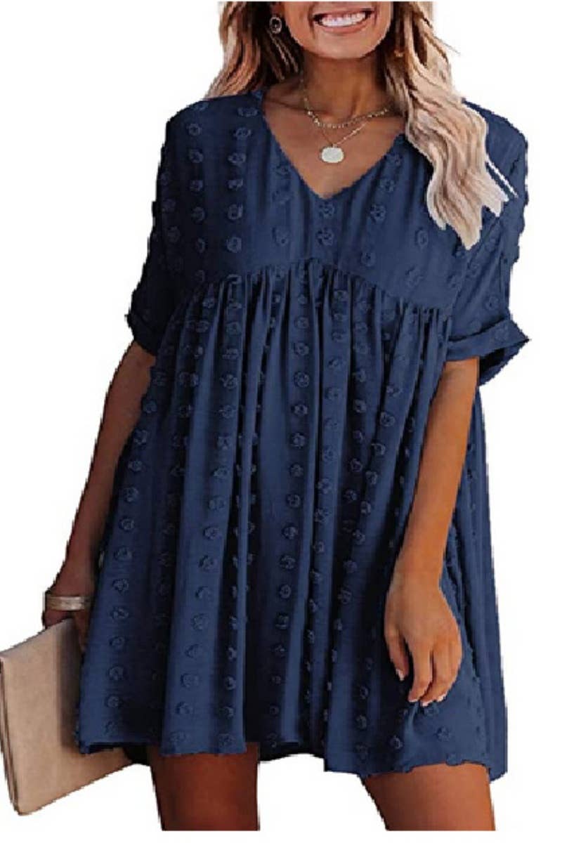 CHIFFON HAIRBALL LOOSE V-NECK DRESS SHORT