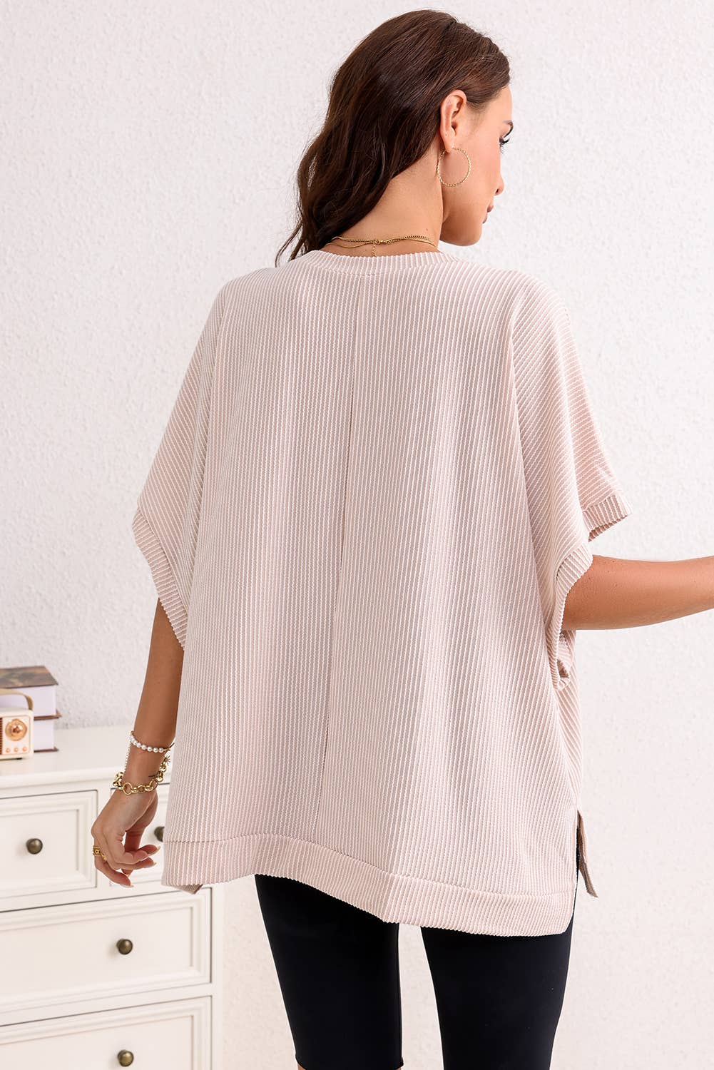 Ribbed Knit Batwing Sleeve Tunic Oversized T Shirt